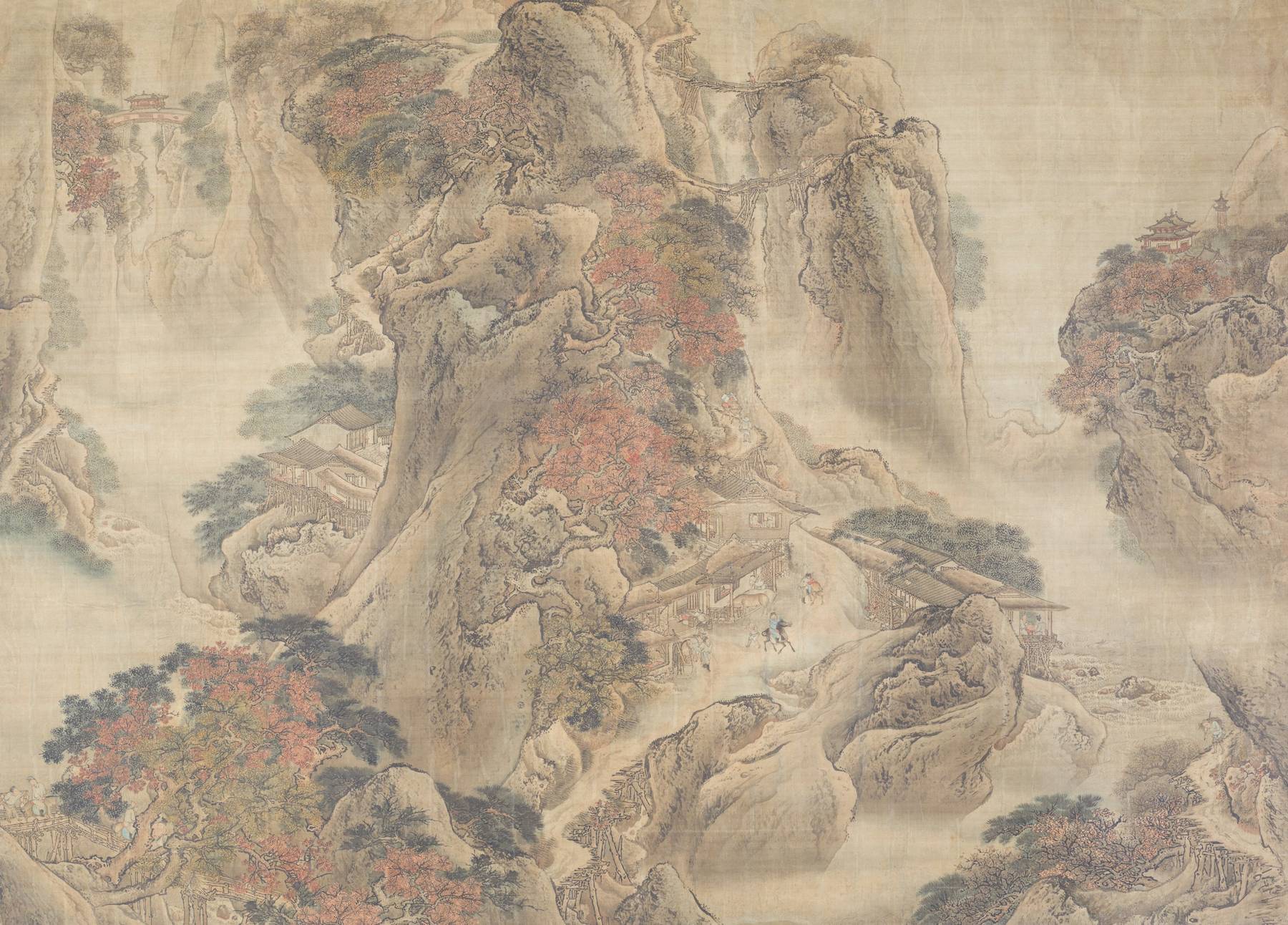Pintura china de un paisaje de montañas y árboles
