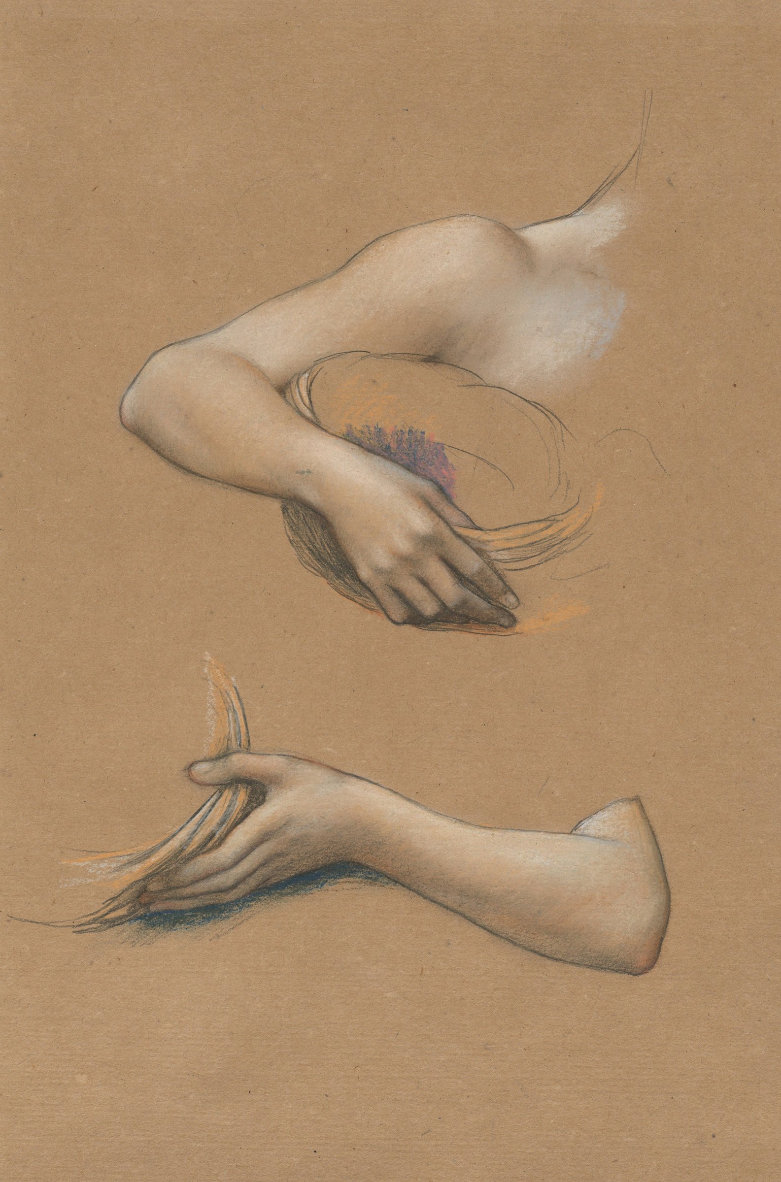 Estudio de brazos y manos dibujados al pastel sobre papel ocre