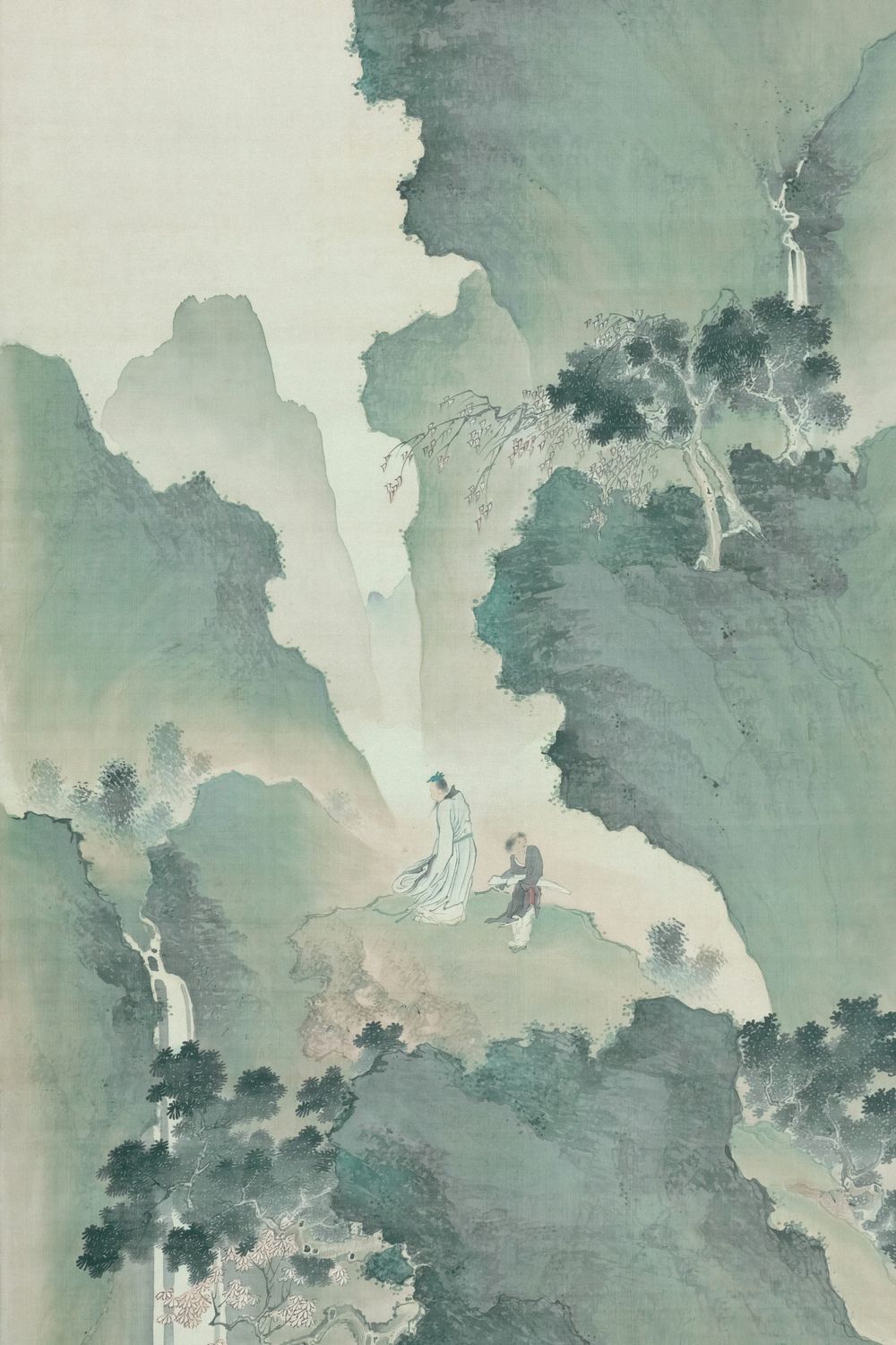 Pintura china de montañas entre la niebla, con caminantes en un sendero